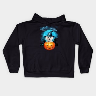 White Maltese Witch Hat Pumpkin And Blue Moon Halloween Kids Hoodie